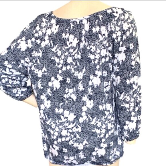 Michael Kors Cotton Modal Floral Peasant Top L Blue & White 134i - Picture 4 of 7